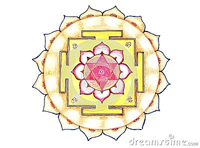 Shri Lakshmi yantra. hand drawing, colour. Breathable yantra, sacred geometry, light background Cartoon Illustration