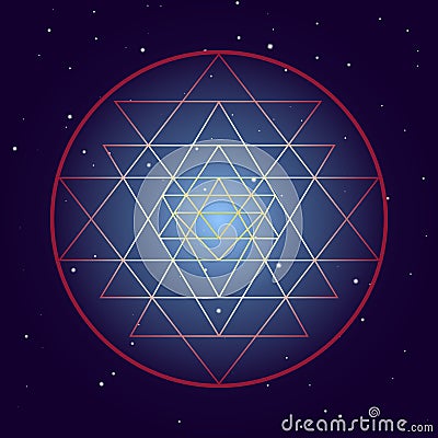 Shri Yantra chakra symbol, cosmic mystical diagram with stars on dark background. Sacred geometry illustration Vector Illustration