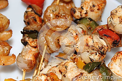 Shrimp and chicken skewer or mix kebab close and cropped view. Stock Photo