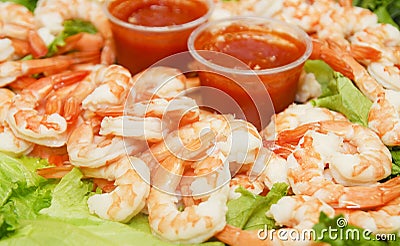 Shrimp and Cocktail Sauce on Lettuce Stock Photo
