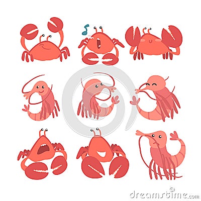 Shrimp and Crab Character as Aquatic Mammal with Smiling Face Vector Set Vector Illustration