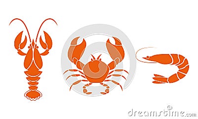 Shrimp, crawfish and crab icons. Seafood design elements. Vector illustration. Vector Illustration