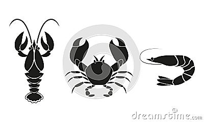 Shrimp, crawfish and crab icons. Seafood design elements. Vector illustration. Vector Illustration