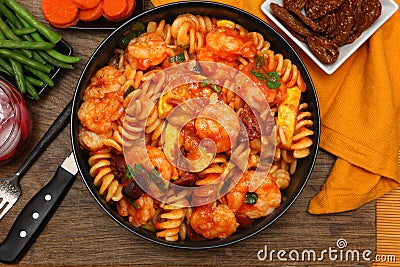 Shrimp Fusilli Pasta with Veggies Stock Photo