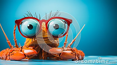 Shrimp in glasses on a blue strong background. Business Concept. Generative AI Stock Photo