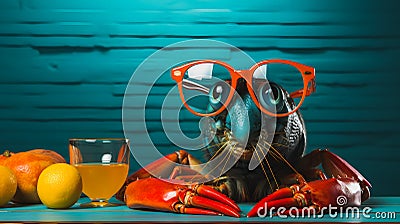 Shrimp in glasses on a blue strong background. Business Concept. Generative AI Stock Photo