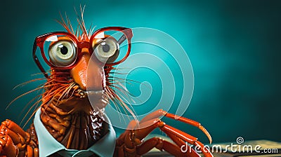 Shrimp in glasses on a blue strong background. Business Concept. Generative AI Stock Photo