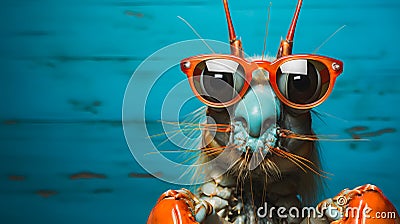 Shrimp in glasses on a blue strong background. Business Concept. Generative AI Stock Photo