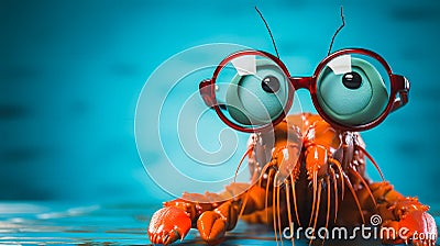 Shrimp in glasses on a blue strong background. Business Concept. Generative AI Stock Photo