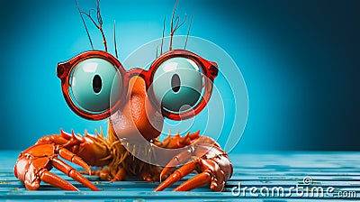 Shrimp in glasses on a blue strong background. Business Concept. Generative AI Stock Photo