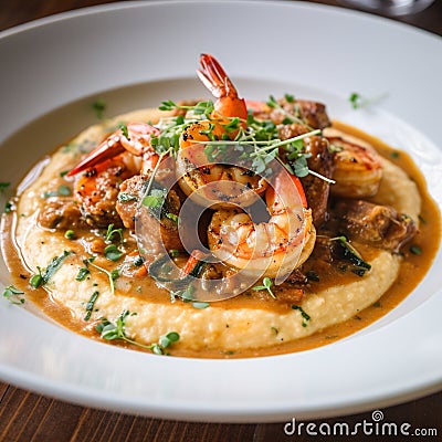 Shrimp and Grits: Spicy Shrimp Over Creamy, Buttery Grits Stock Photo