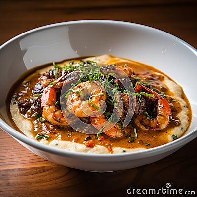 Shrimp and Grits: Spicy Shrimp Over Creamy, Buttery Grits Stock Photo