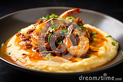 Shrimp and Grits: Spicy Shrimp Over Creamy, Buttery Grits Stock Photo