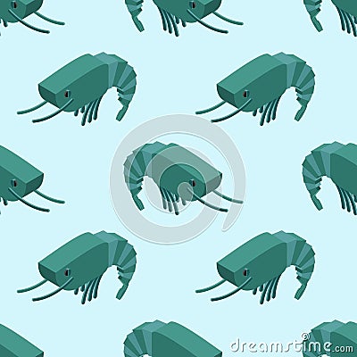 Shrimp isometric seamless pattern. Marine plankton ornament. Animal aquatic arthropods texture. Underwater background crustacean Vector Illustration