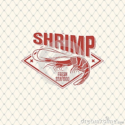 Shrimp logo on seamless pattern with fishing net, vector illustration Vector Illustration