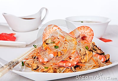 Shrimp and mussels salad with cellophane noodles. Stock Photo