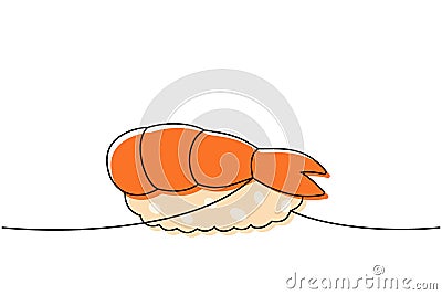 Shrimp nigiri, ebi sushi one line colored continuous drawing. Japanese cuisine, traditional food continuous one line Vector Illustration