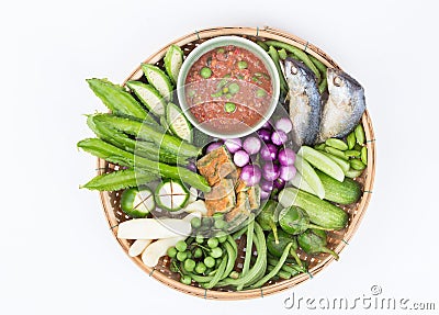 Shrimp Paste Chilli Sauce Nam Prik Ka Pi with omelet and vegetable set Stock Photo