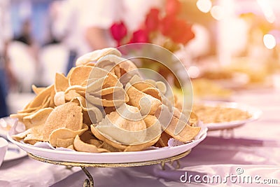 Shrimp rice crackers or cornflakes, crisp rice, snack Thai food Stock Photo