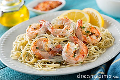 Shrimp Scampi with Spaghetti Stock Photo