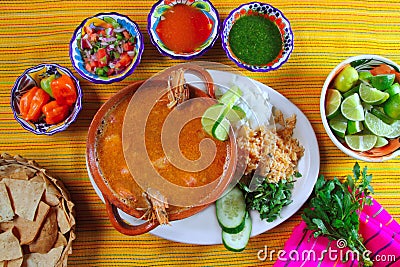Shrimp seafood soup mexican chili sauces nachos Stock Photo