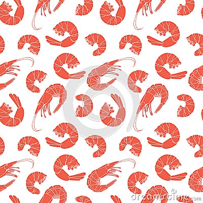Shrimp seamless pattern pink. Seafood, wallpapers and fabrics for the kitchen. Asian food Vector Illustration