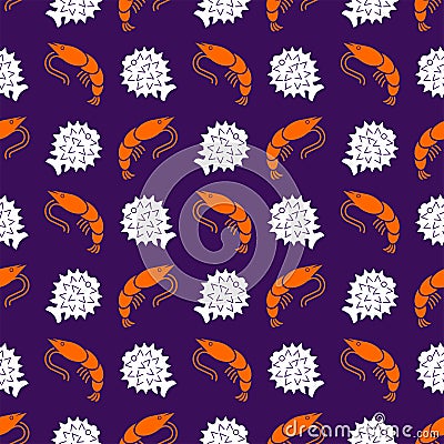 Shrimp and Spotted Puffer pattern seamless. Sea Life background. Baby fabric texture Vector Illustration