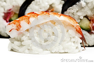 Shrimp sushi closeup on white background Stock Photo