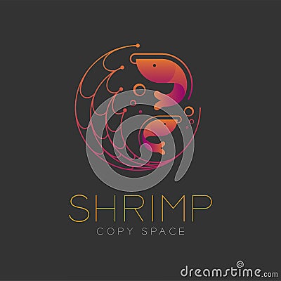 Shrimp symbol icon and fishing net, air bubble set orange violet Vector Illustration