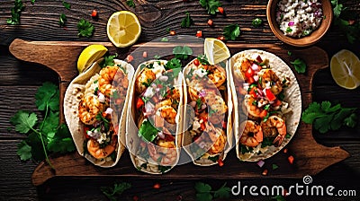 Shrimp tacos with homemade salsa, Generative AI Stock Photo