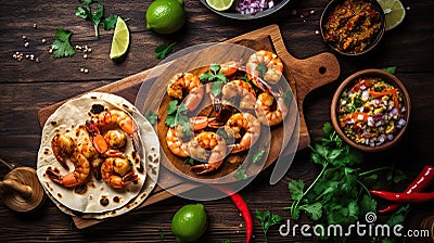 Shrimp tacos with homemade salsa, Generative AI Stock Photo