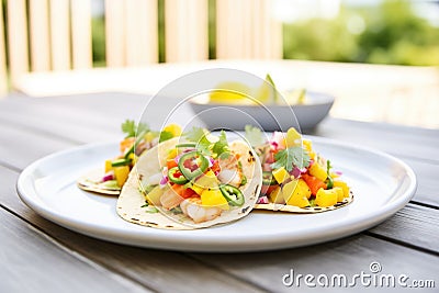 shrimp tacos with mango salsa in a bright outdoor setting Stock Photo