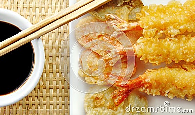 Shrimp Tempura with Chopsticks and Soy Sauce Stock Photo