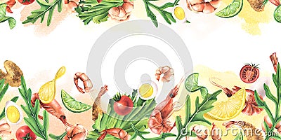 Shrimp with vegetables, eggs and herbs. Watercolor illustration. Seamless border pattern from the SHRIMP collection. For Cartoon Illustration