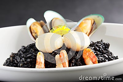 Shrimps with oysters in white dish Stock Photo