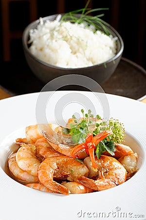 Shrimps in Singapore style Stock Photo