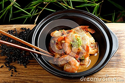 Shrimps in Singapore style Stock Photo