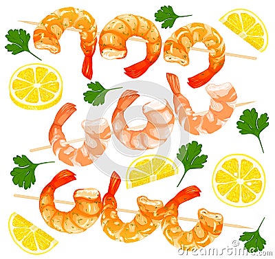 Shrimps on skewers, shrimps without shell, shrimp meat. Boiled Shrimp drawing on a white background Cartoon Illustration