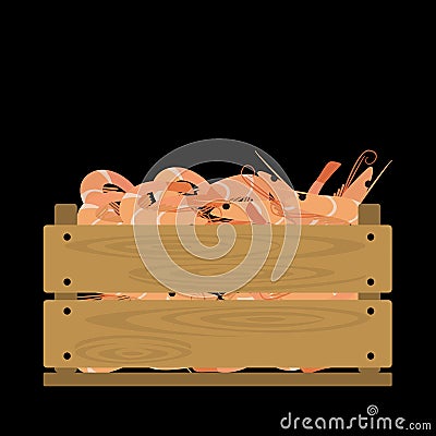 Shrimps in wooden crate Vector Illustration