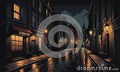 Shrouded Urbanity: Dimly Lit Street, Obscure Cityscape, and Enigmatic Building Stock Photo