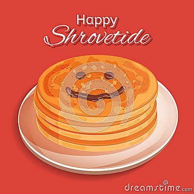 Shrovetide festive design. Pancake week. A stack of pancakes on a plate. Smiley face drawn with chocolate topping. Vector illustra Vector Illustration