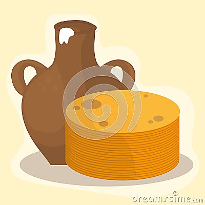 Shrovetide or Maslenitsa. Pancakes and sour cream Vector Illustration