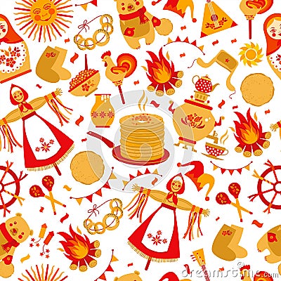 Shrovetide or Maslenitsa. Russian inscription Maslenitsa wide Wide Maslenitsa seamless pattern. Great Russian holiday Vector Illustration