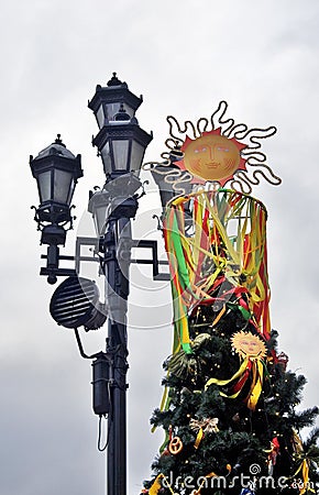 Shrovetide Pancake week decorations in Moscow Editorial Stock Photo