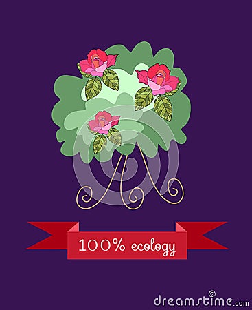 Shrub roses, on dark - lilac background with red banner Vector Illustration