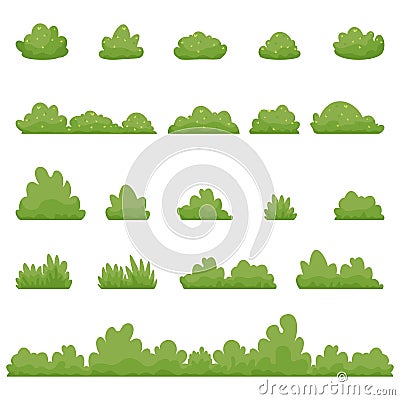 Shrubs and green bushy plants cartoon. Bush of different shapes park plants set. Vector flat cartoon illustration Vector Illustration