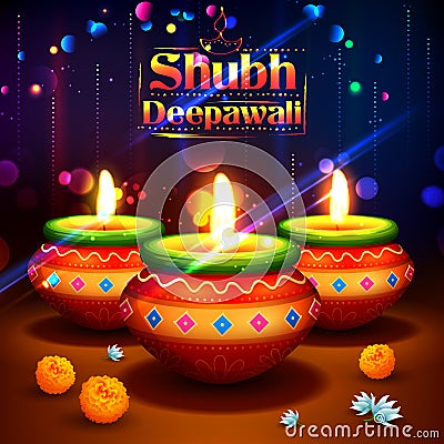 Shubh Deepawali Happy Diwali background with watercolor diya for light festival of India Vector Illustration