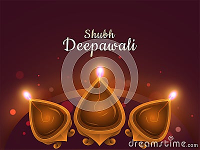 Shubh Deepawali Happy Diwali greeting card design with top view of illuminated oil lamps. Stock Photo