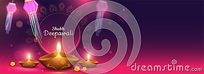 Shubh Deepawali header or banner design with illuminated oil lamps. Stock Photo