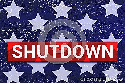 Shutdown Text With stars of Us Flag on blue background Stock Photo